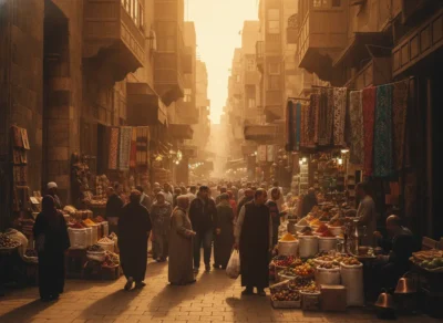 Busy Middle Eastern market street at sunset with vendors, shoppers, and colorful produce and textiles.