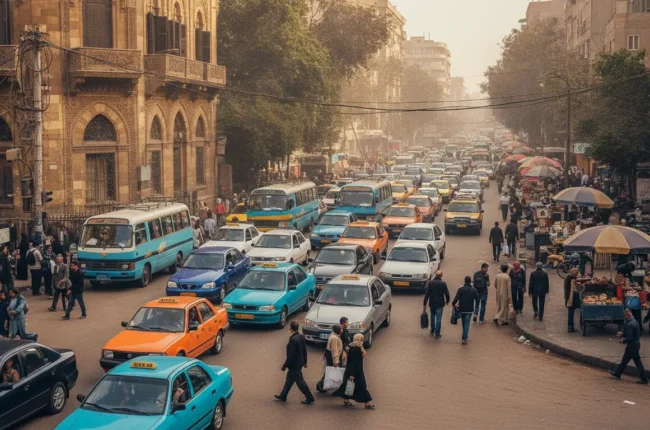 Busy urban street crowded with colorful taxis and cars, pedestrians crossing, and market stalls with umbrellas on the sidewalk.
