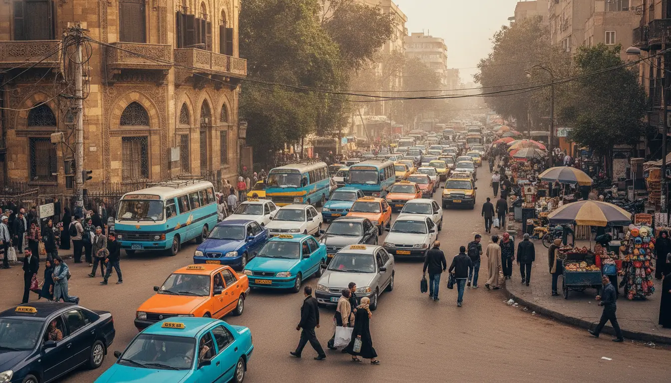 Busy urban street crowded with colorful taxis and cars, pedestrians crossing, and market stalls with umbrellas on the sidewalk.