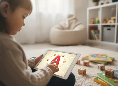 Child sits on a rug using a tablet displaying a big red letter A with stars around it in a cozy playroom.