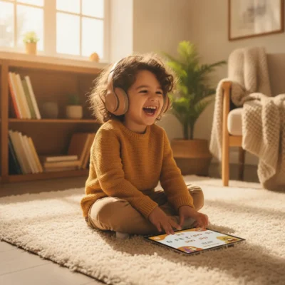 Child with curly hair wearing large تطبيقات تعليم العربية للأطفال
headphones sits cross‑legged on a rug, laughing while using a tablet with letters on screen at home.
