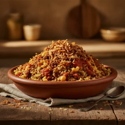 Clay bowl piled with a hearty mixture of rice, lentils, corn, and beans topped with crispy fried onions on a wooden table order food shopping egyptian arabic
