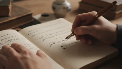 Close-up of a hand writing Arabic script in a notebook with a fountain pen on a wooden desk with books nearby