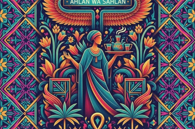 Colorful decorative panel with a central figure in teal robes serving tea on a tray, framed by wings, sun, ankh, plants, and geometric border; text reads 'AHLAN WA SAHLAN'.