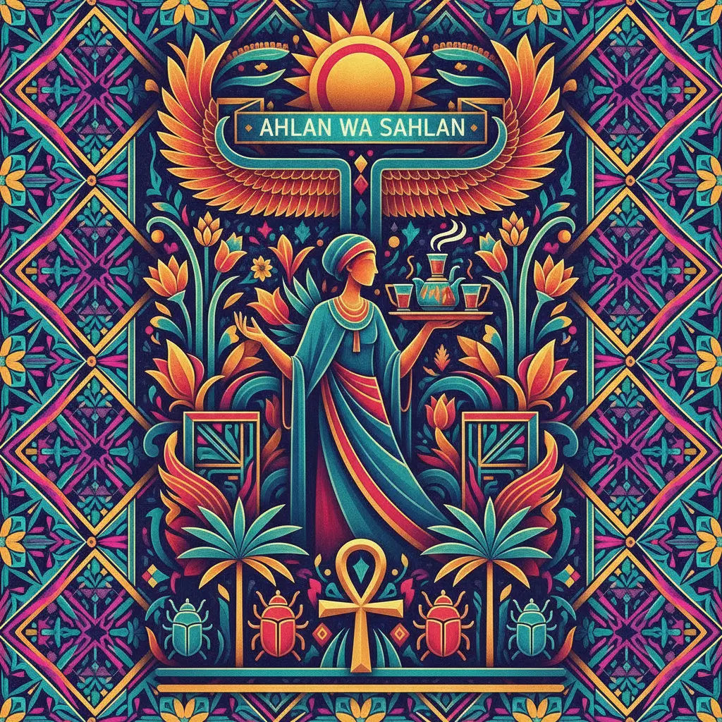 Colorful decorative panel with a central figure in teal robes serving tea on a tray, framed by wings, sun, ankh, plants, and geometric border; text reads 'AHLAN WA SAHLAN'.