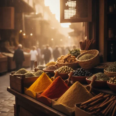 Colorful piles of ground spices in wooden boxes and bowls at a bustling outdoor market, bathed in warm golden light.