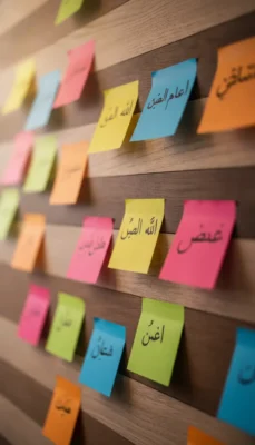 Colorful sticky notes with Arabic phrases arranged on a wooden wall axis. msa writing practice routine

