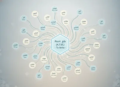Concept map around 'Root: To Write' (K.T.B.) with branches to writing-related terms in Arabic and English.