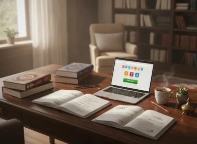 Cozy study desk with open notebooks, a laptop showing colorful icons, and a steaming cup of tea. prepare for arabic proficiency exams

