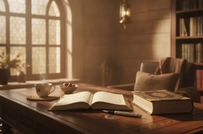Cozy study scene: an open book and a steaming cup on a carved wooden desk, with a large closed book nearby and warm light from a window.