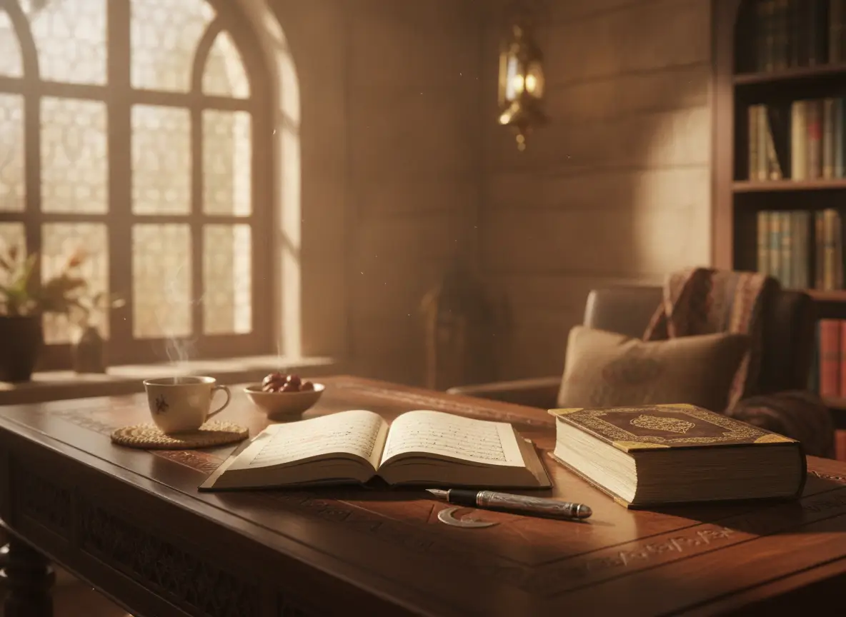 Cozy study scene: an open book and a steaming cup on a carved wooden desk, with a large closed book nearby and warm light from a window.