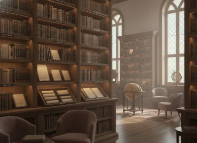 Cozy vintage library with tall wooden shelves full of books, a globe on a stand, and cushioned chairs by arched windows.