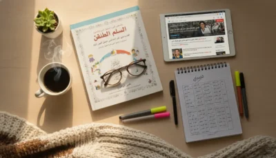 Desk scene: coffee cup, plant, Arabic book with glasses on top, an iPad showing Arabic news, a spiral notebook with grid, and colorful markers on a wooden surface.
