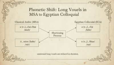 Diagram showing the phonetic shift from Classical Arabic to Egyptian Colloquial, with a central 'Shortening Process' box connecting left and right sides.