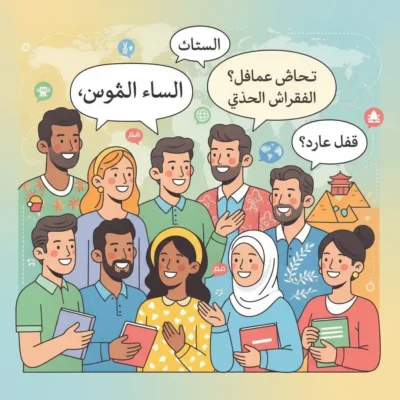 Diverse group of smiling young adults chatting together, each holding books, with Arabic speech bubbles overhead.