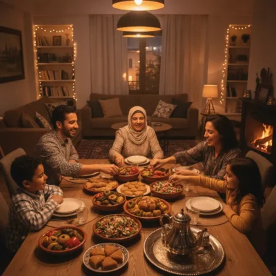 Family of five sits around a wooden table loaded with salads, bread, and pastries in a cozy lit living room.