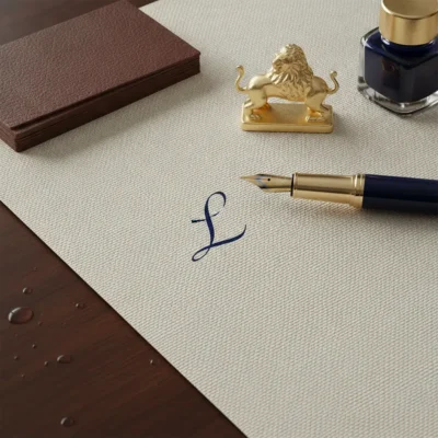 Fountain pen with gold nib on textured paper, a blue-letter L, near a gold lion desk ornament and ink bottle with a brown notebook nearby.