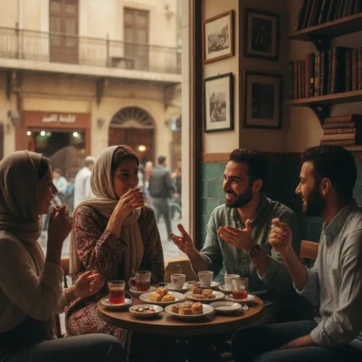 Four friends wearing headscarves sit around a round cafe table, chatting over tea and pastries by a window. written vs spoken arabic
