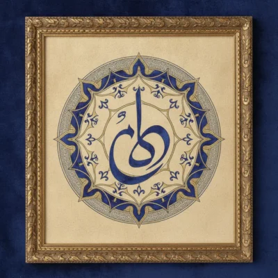 Framed beige artwork featuring blue Arabic calligraphy forming the word Allah within a circular mandala.