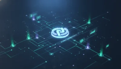 Futuristic digital network with glowing nodes surrounding a central circular logo labeled Global Connectivity.