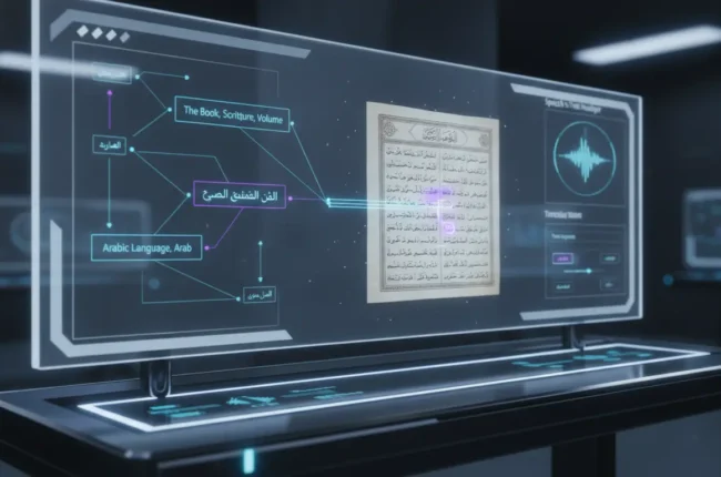 Futuristic glass display showing a scanned Arabic manuscript with blue and purple data nodes and flow lines in a lab setting.