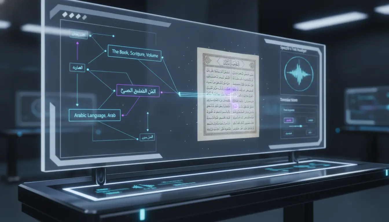 Futuristic glass display showing a scanned Arabic manuscript with blue and purple data nodes and flow lines in a lab setting.