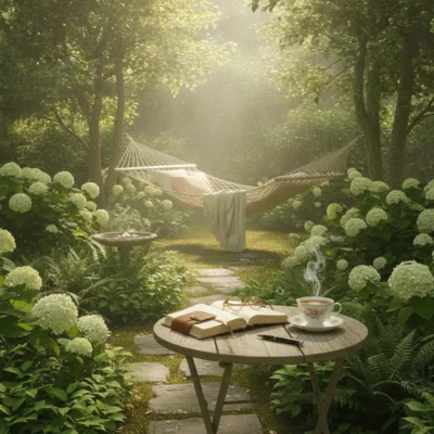 Garden scene with a white hammock strung between trees, surrounded by blooming white hydrangeas; a small table holds a book, glasses, and a steaming cup of tea.
