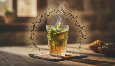 Glass of mint tea on a wooden table, steam rising, encircled by Arabic calligraphy around the glass. survival egyptian arabic for expats