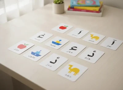 Group of Arabic alphabet flashcards on a light desk, each card shows a letter, a word, and a small illustration of objects like a camel or apple for kids. تعلم الفصحى للمبتدئين
