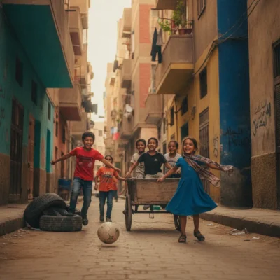 Group of children playing with a cart and ball in a narrow urban street in a sunny alleyways.