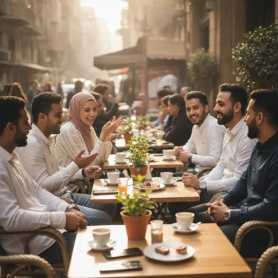 Group of friends sitting at a long outdoor cafe table, chatting and enjoying coffee and pastries. الفرق بين العامية والفصحى