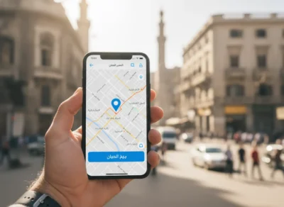 Hand holding a smartphone showing a map with a blue location pin in a sunny city street scene