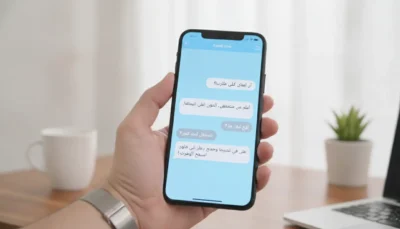 Hand holding a smartphone showing Arabic chat messages on a light blue chat background, desk with mug and plant in the background