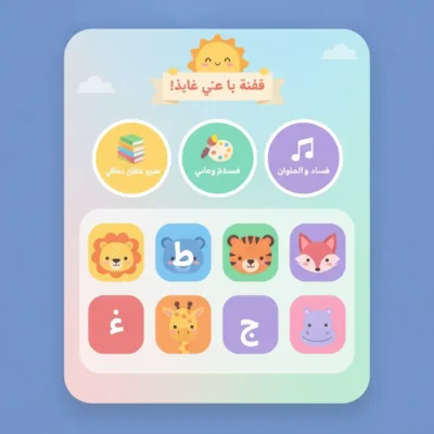 Home screen of a children's learning app with a sun banner, pastel gradient background, and three circular menus at the top.