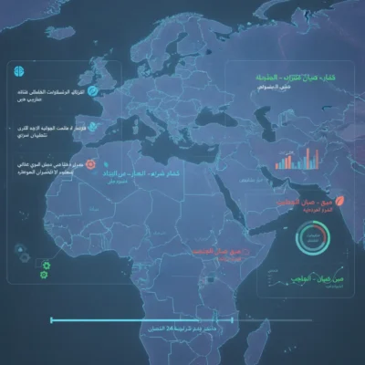 HUD-style world map with Arabic labels and data panels showing global health metrics and a bar chart linked across regions