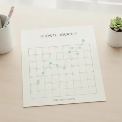 Infographic document on a desk showing a grid chart labeled 'Growth Journey' with colored nodes connected by a line, captioned 'One step at a time'.