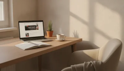 Laptop on a wooden desk displaying a website, with a notebook, a cup of coffee, and a small plant in a sunlit room.