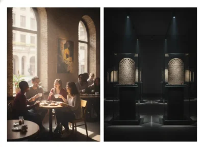 Left: a group of friends chatting and drinking coffee at a sunlit brick‑walled café; right: a museum display with large inscribed stone sarcophagi on pedestals under spotlights.