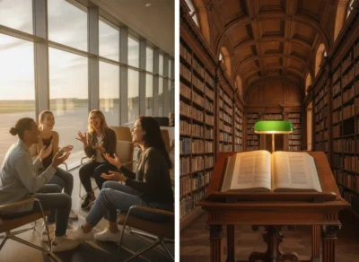 Left: four coworkers chat in a sunlit glass-walled office; right: open book on an ornate lectern in a grand library with egyptian arabic vs msa