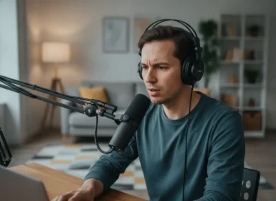 Man wearing headphones speaks into a large microphone during a podcast recording at home.