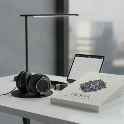 Minimalist desk setup: black over-ear headphones on a stand, a tablet displaying a calendar, and a book titled 'FUSHA' with a blue geometric cover near a window.