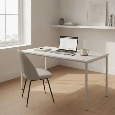 Minimalist home office with a white desk, laptop, notebook, and a mug near a sunny window.