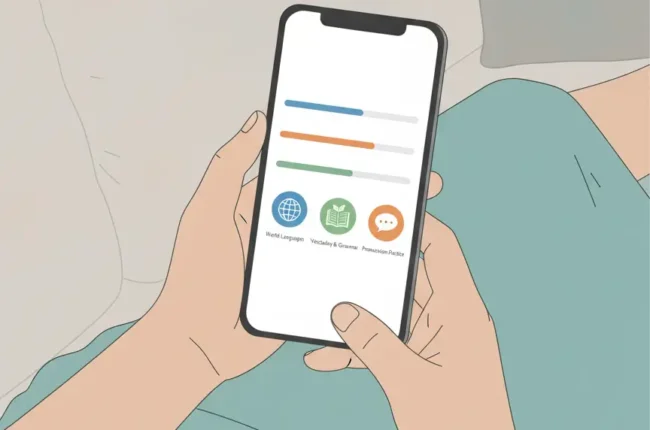 Person holds a phone in bed showing a language-learning app with progress bars and three feature icons labeled World Languages, Vocabulary & Grammar, Pronunciation Practice.