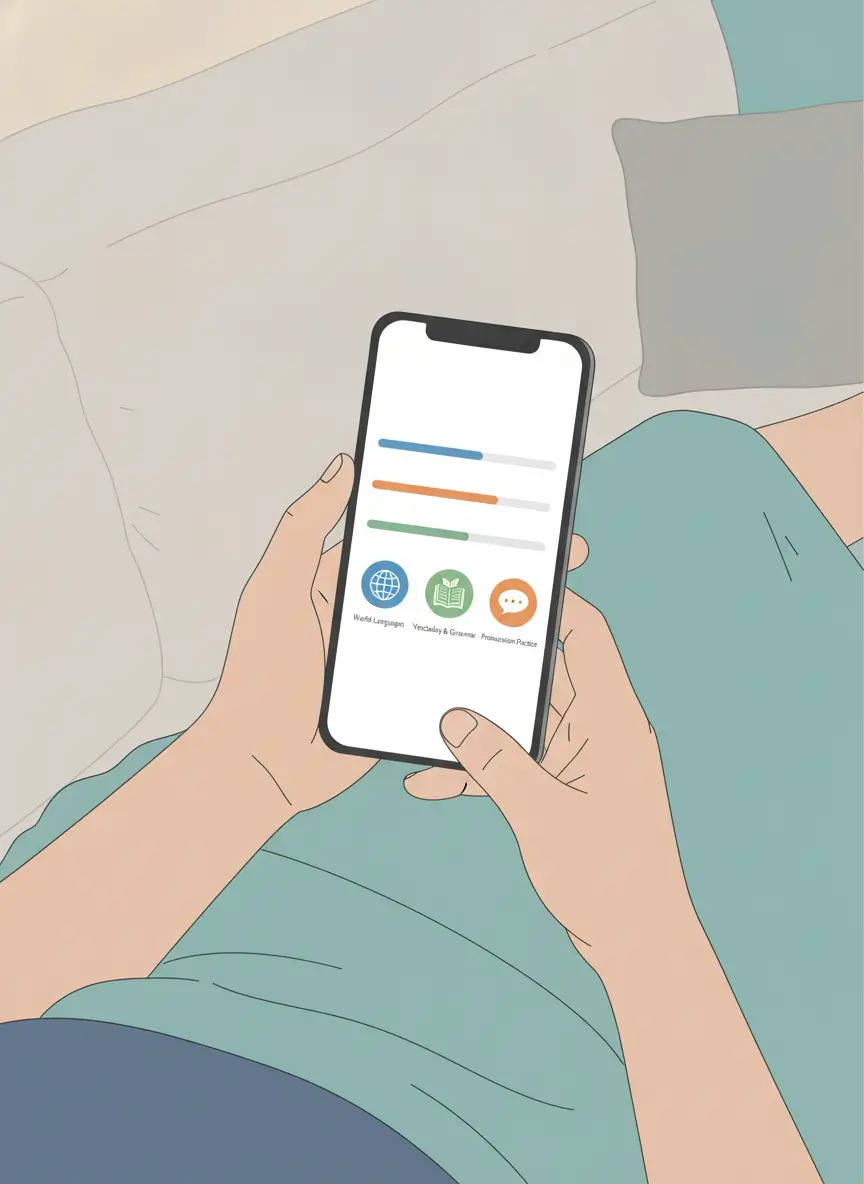 Person holds a phone in bed showing a language-learning app with progress bars and three feature icons labeled World Languages, Vocabulary & Grammar, Pronunciation Practice.