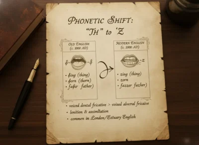 Infographic titled Phonetic Shift: 'H' to 'Z' comparing Old English (c.1000 AD) with Modern English (c.2000 AD). Left column shows sample Old English words; right column shows their Modern English equivalents after a H-to-Z shift, with decorative borders, an old-fashioned fountain pen, and aged parchment texture.