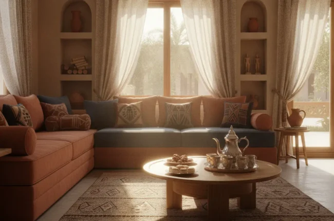 Sunlit living room with an orange sectional sofa, decorative cushions, and a round coffee table with a tea set and pastries.