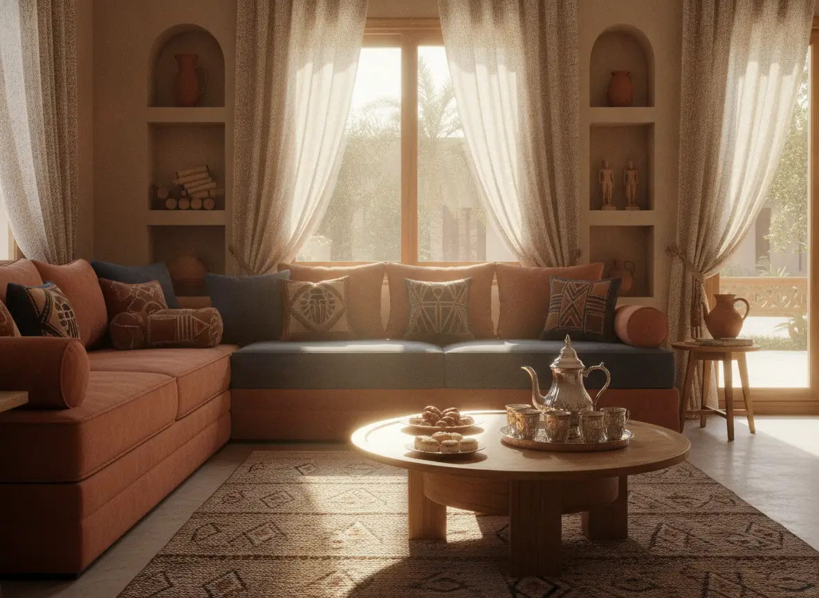 Sunlit living room with an orange sectional sofa, decorative cushions, and a round coffee table with a tea set and pastries.