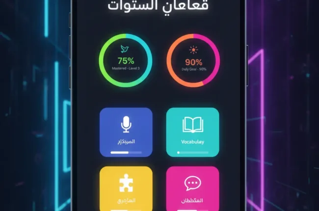 Phone screen showing an Arabic language learning dashboard with two circular progress rings: 75% Mastered - Level 3 and 90% Daily Goal - 50%; below are four colorful tiles for Microphone, Vocabulary, Puzzle, and Chat/Discussion, plus a bottom navigation bar. كورسات عربية للمسلمين