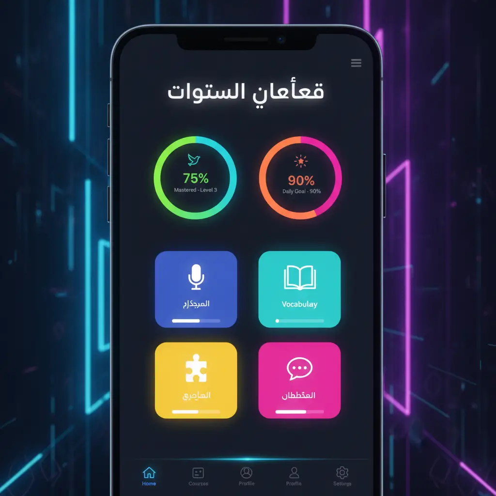 Phone screen showing an Arabic language learning dashboard with two circular progress rings: 75% Mastered - Level 3 and 90% Daily Goal - 50%; below are four colorful tiles for Microphone, Vocabulary, Puzzle, and Chat/Discussion, plus a bottom navigation bar. كورسات عربية للمسلمين