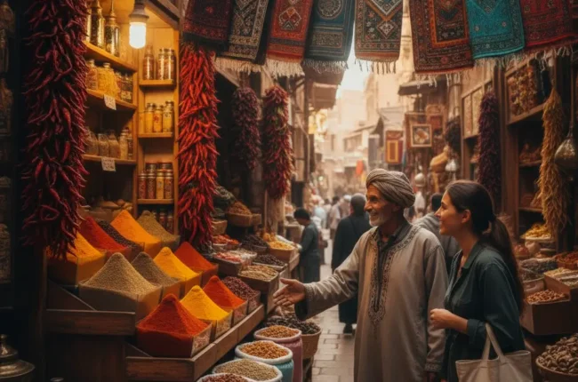 Traditional spice market scene with colorful piles of spices, hanging rugs, and two locals chatting along a narrow alley.